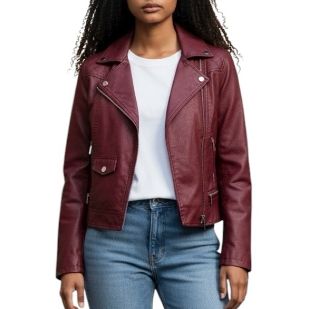 Boohoo Medium Berry Faux Leather Cropped Moto Jacket